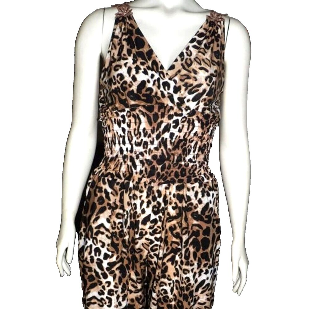 Leopard Print One Piece Jumpsuit Romper Lace Back Size M/L READ Silk Polyester